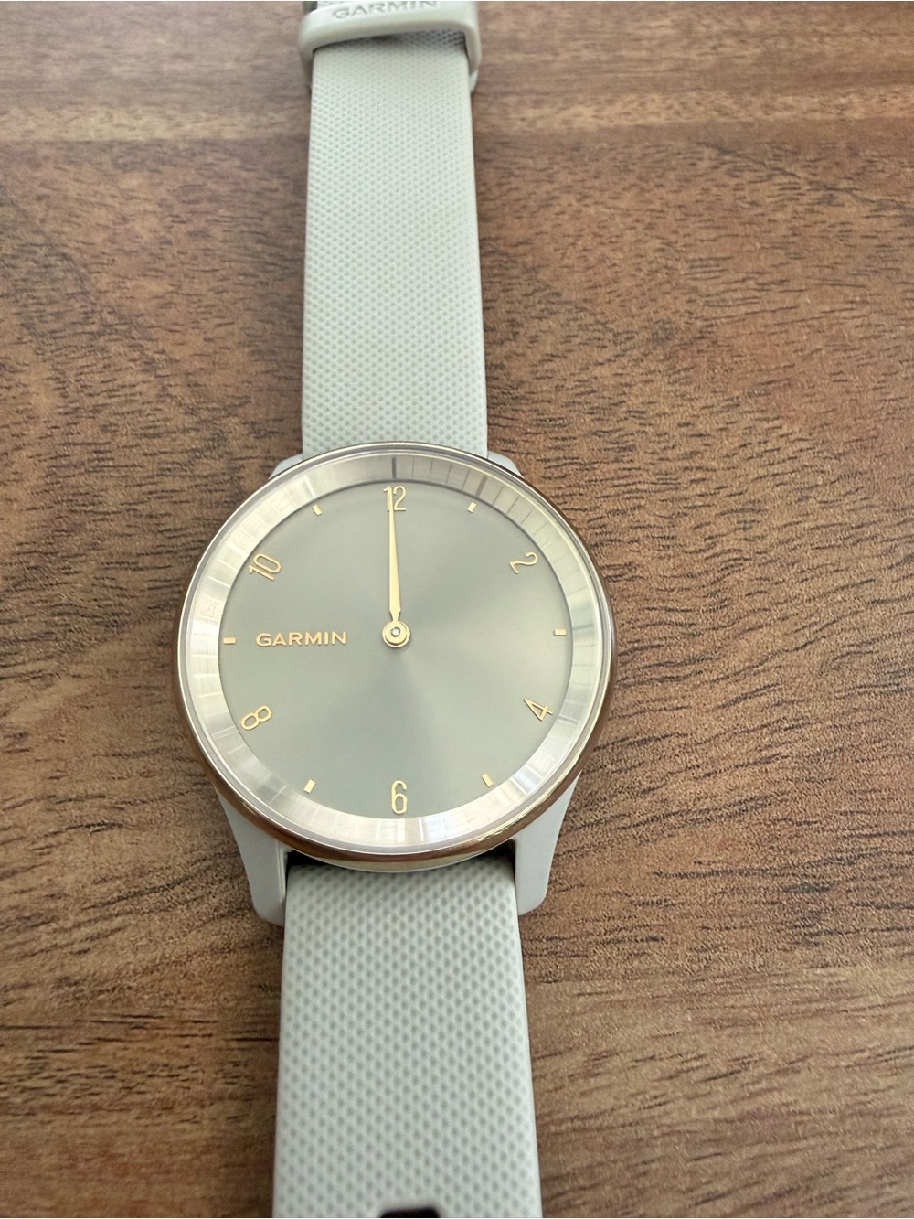 garmin hybrid smartwatch Cream Gold Stainless Steel Bezel with French Gray band